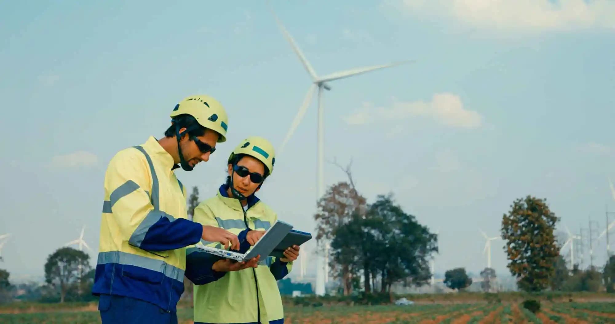 Renewable energy engineers are intently reviewing data on a laptop, contemplating the expansive turbine field before them.