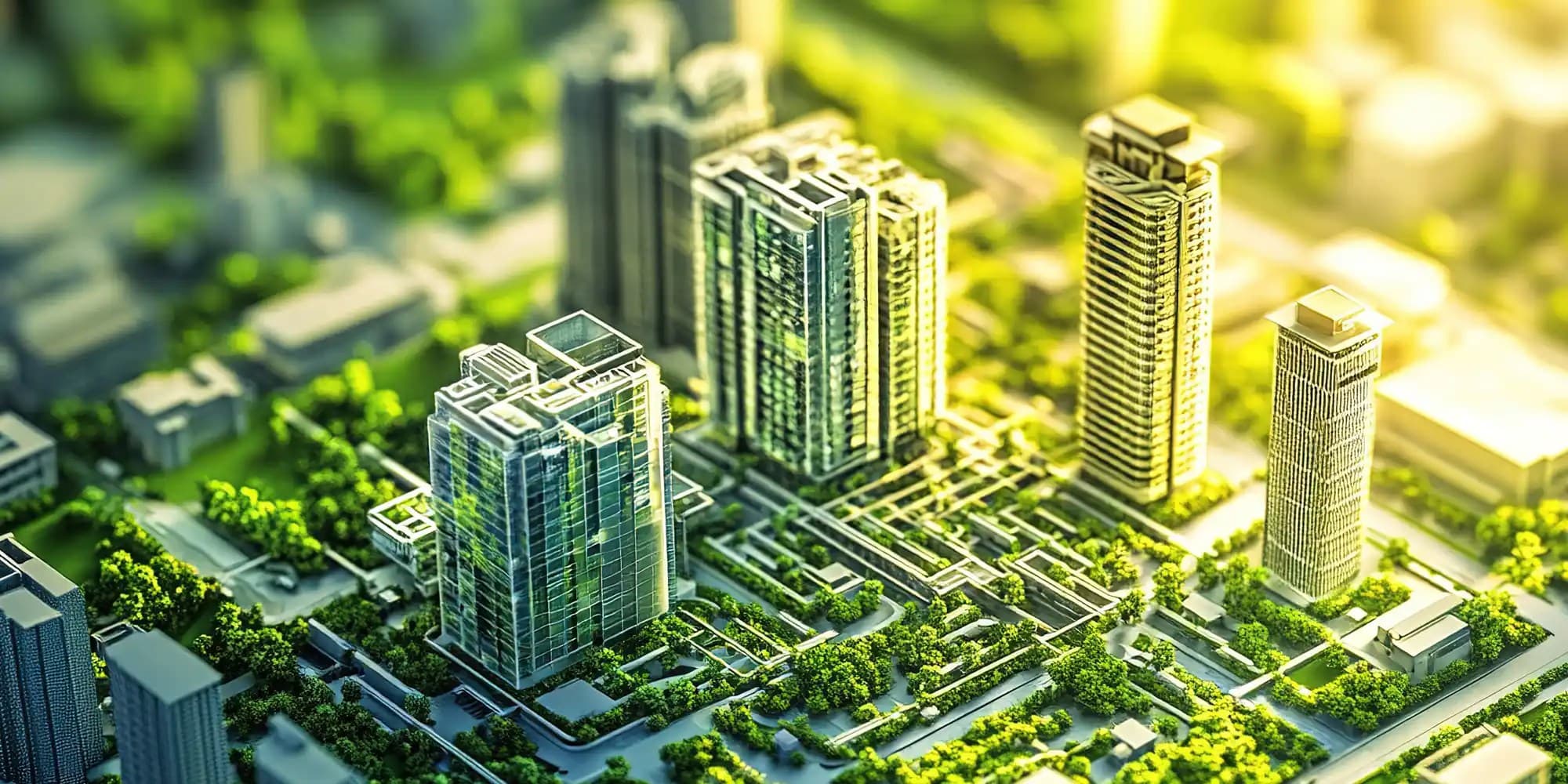 digitalized image of a budling prototype and greenery