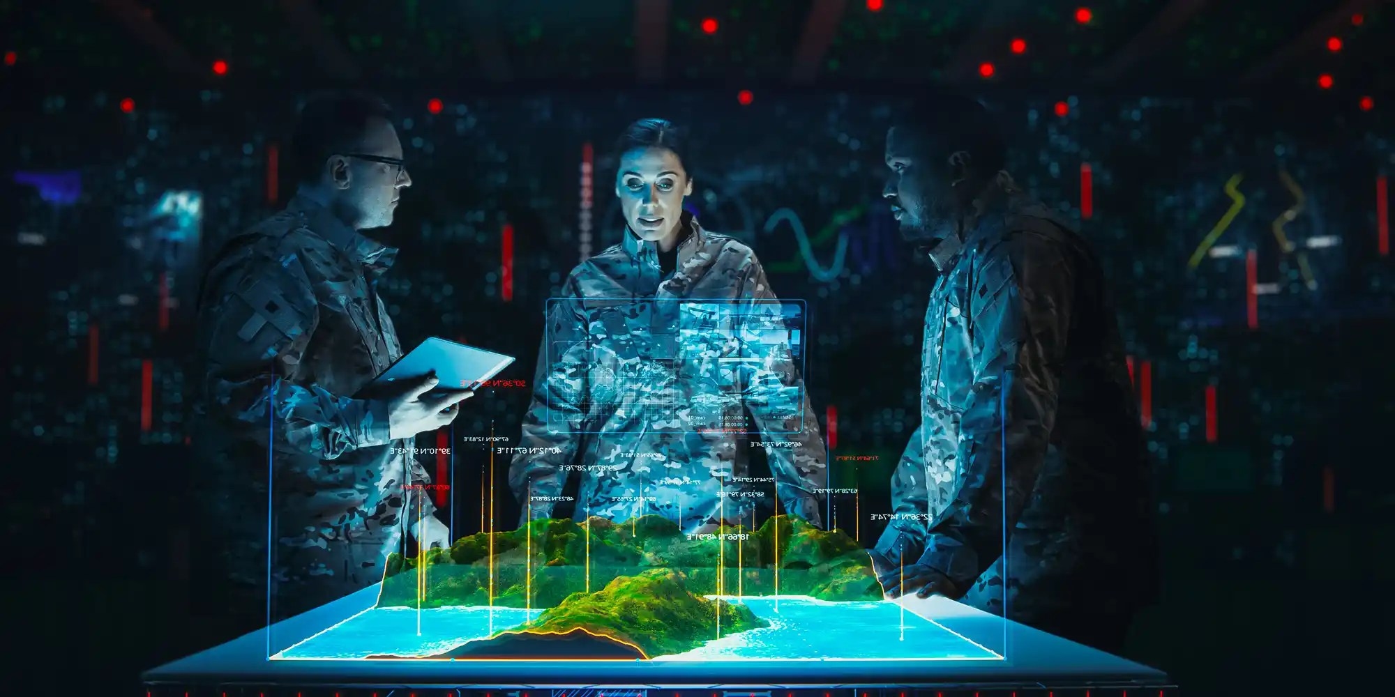Futuristic Warfare Strategy: Military Intelligence Experts use Holographic Augmented Reality Table Map to Scan Enemy Position.