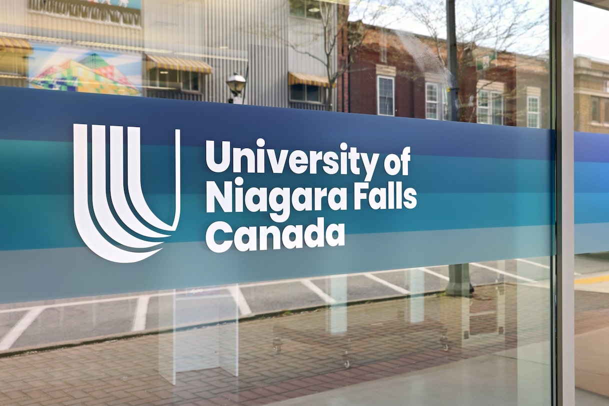 Window with a decal of University of Niagara Falls Canada