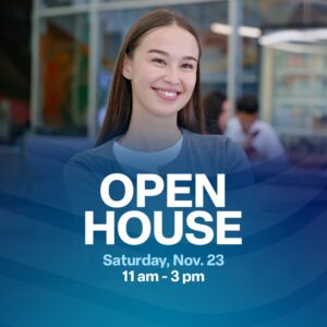 Open house graphic poster with a young student smiling