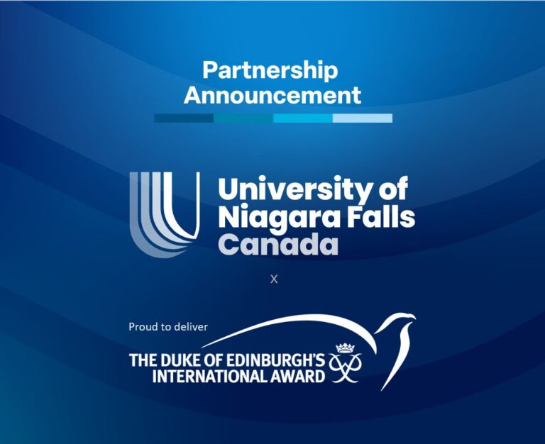 University of Niagara Falls Canada and The Duke of Edinburgh’s International Award logos on a blue background.