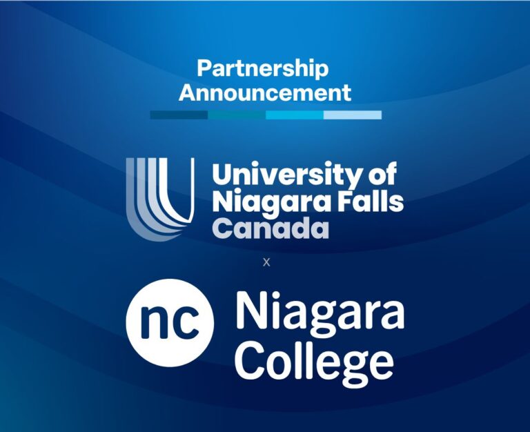 University of Niagara Falls Canada and Niagara College logos on a blue background.