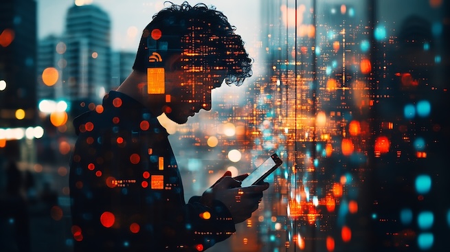 A man is using a smartphone while standing in a city at night, illuminated by streetlights and cityscape