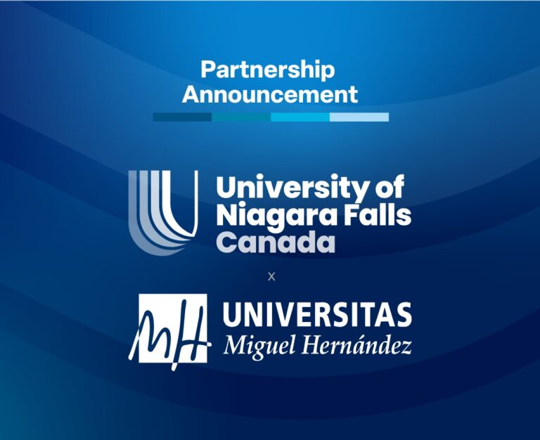 University of Niagara Falls and Universidad Miguel Hernández logos on a blue background