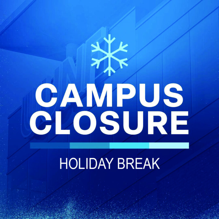 A graphic with a blue background that says campus closure, with a coloured bar, and the words holiday break.